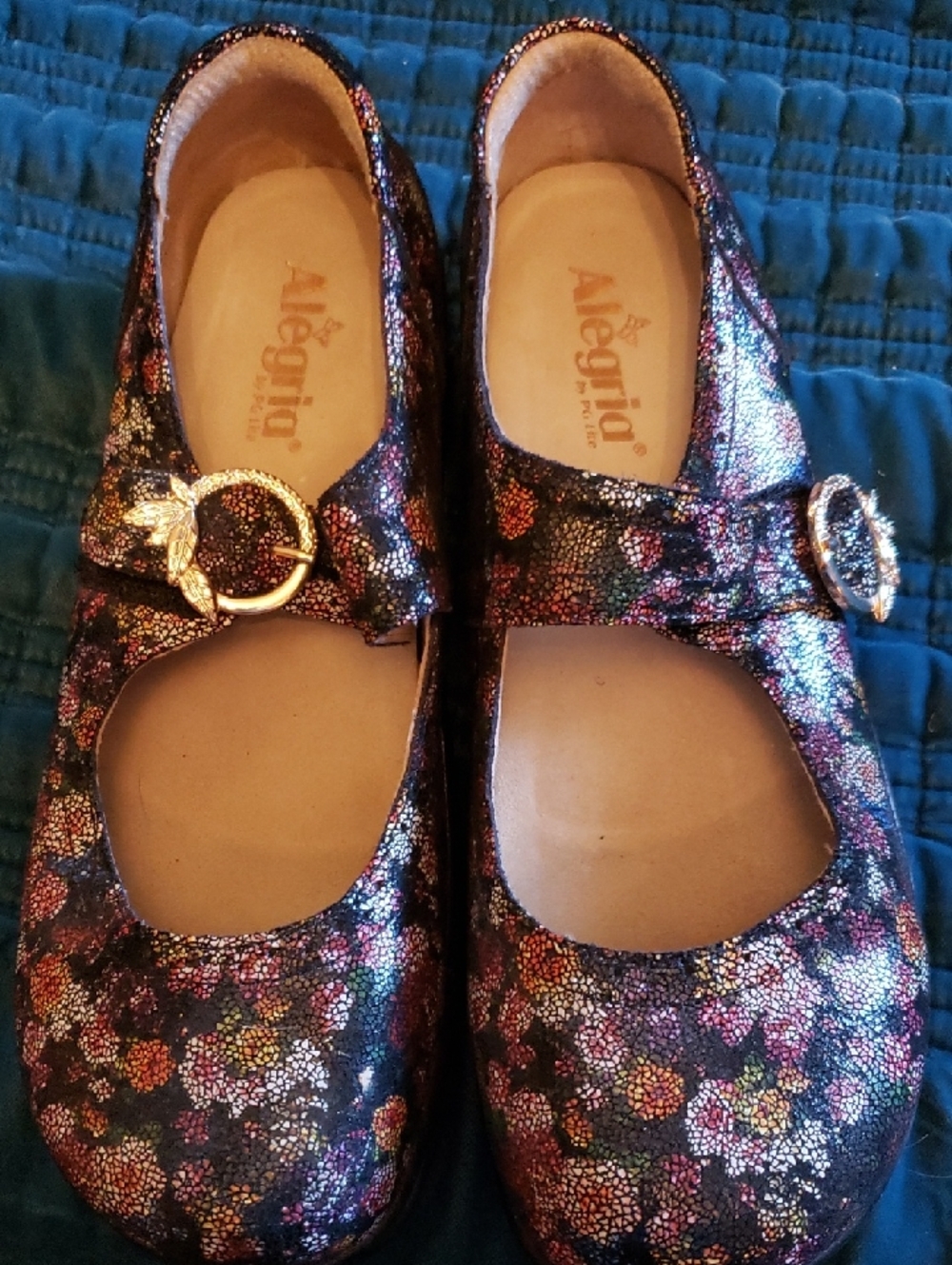 Alegria Multicolor Floral Mary Jane Flats with Gold Buckles Size 42